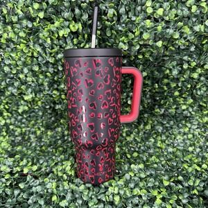Meoky 40 oz Tumbler Black Hearts Stainless Steel Straw Waterbottle Handle